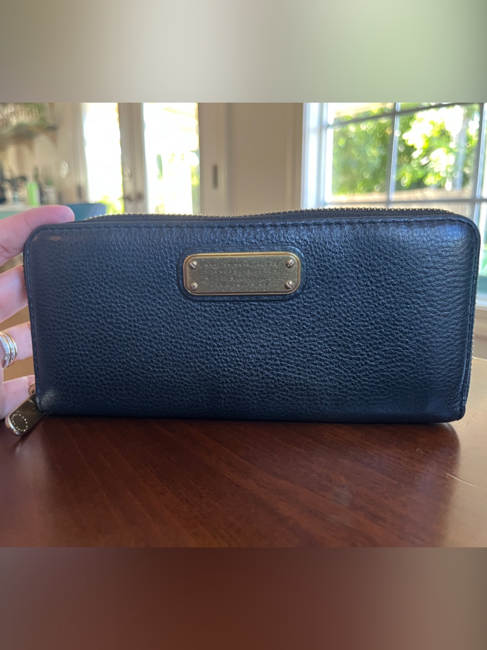 Marc by Marc Jacobs Black Pebbled Leather Zip Wallet with Gold Plaque